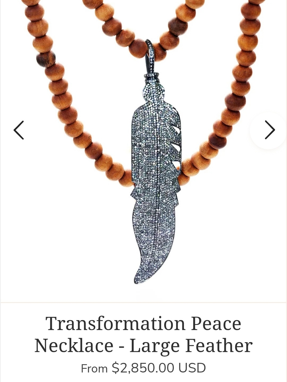 Pavé Feather Pendant Necklace on Brown Wood Beads